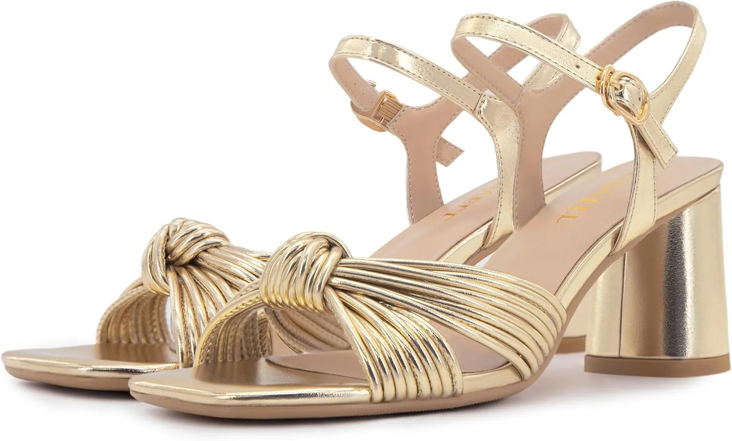 Women's Heeled Sandals Chunky Heel Strappy Metallic Braided Knotted Square Open Toe Ankle Strap Block Heel Sandals