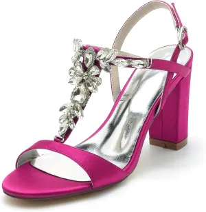 Women's High Chunky Heels Wedding Dress Shoes T-Strap Sandals Open Toe Bridal Pumps Rhinestone Party Bridesmaid Shoes