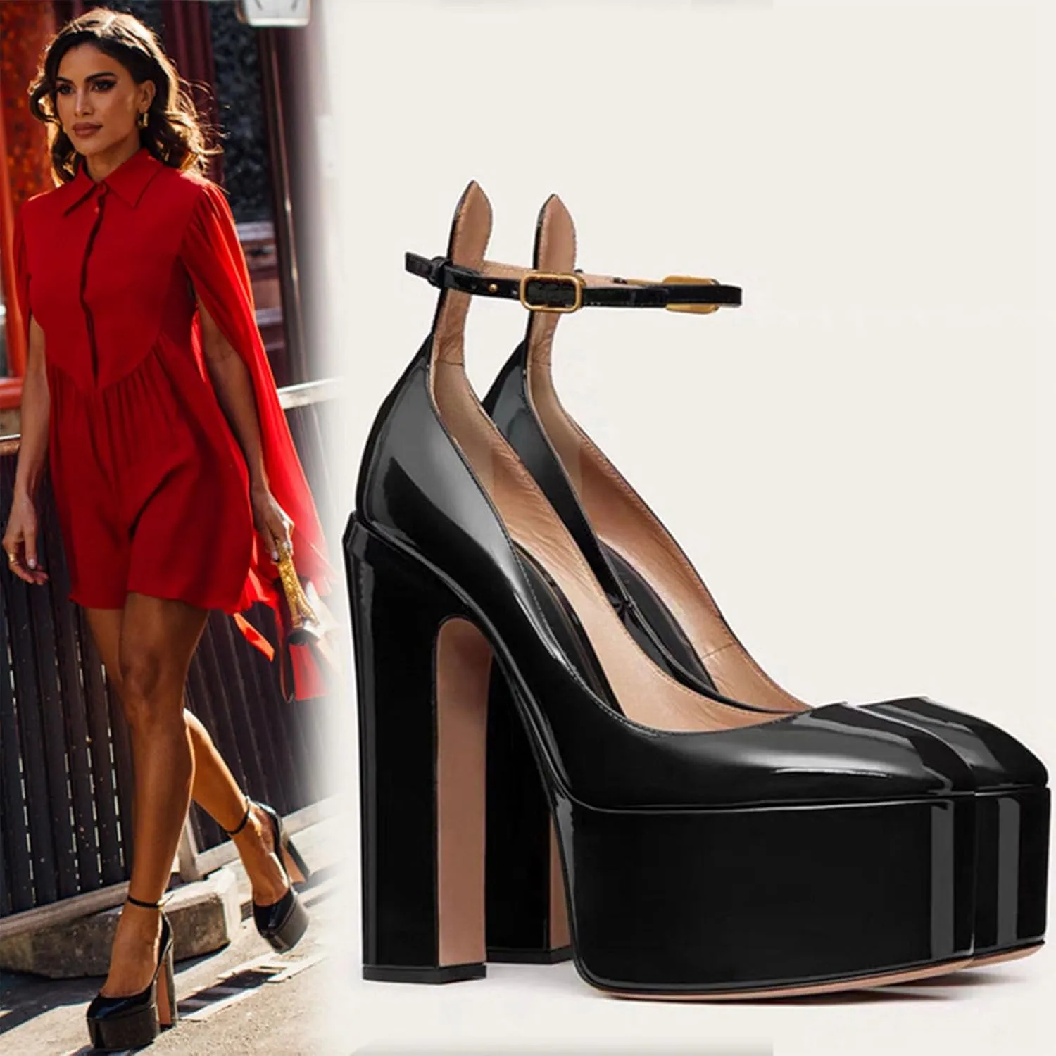 Women's High Heels Shoes Classic Platform Chunky Heels Elegant Round Toe Ankle Strap Pumps Perfect for Everyday Wear and Catwalk