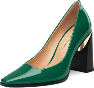 Womens High Heels,Patent Closed Square Toe Slip on Chunky Block Pumps,Elegant Heels,Daily Wedding Party Dress Shoes 3.5IN