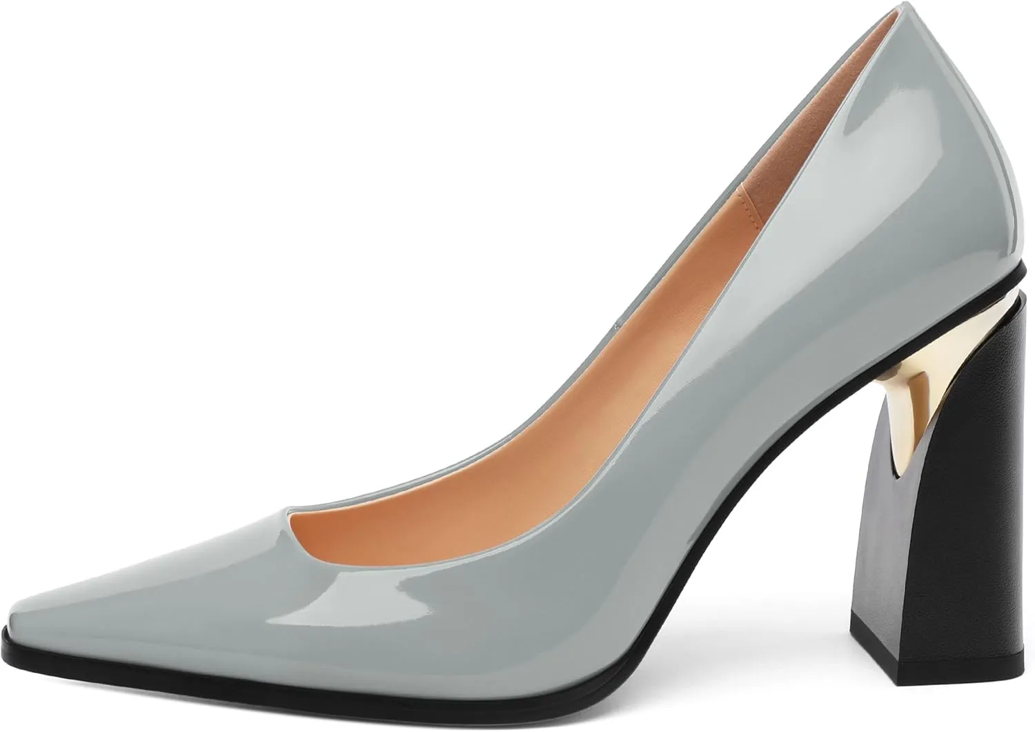 Womens High Heels,Patent Closed Square Toe Slip on Chunky Block Pumps,Elegant Heels,Daily Wedding Party Dress Shoes 3.5IN