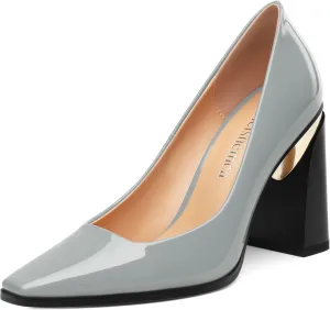 Womens High Heels,Patent Closed Square Toe Slip on Chunky Block Pumps,Elegant Heels,Daily Wedding Party Dress Shoes 3.5IN