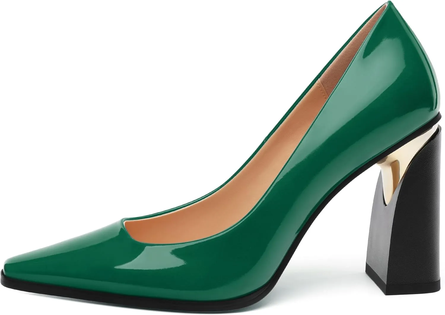 Womens High Heels,Patent Closed Square Toe Slip on Chunky Block Pumps,Elegant Heels,Daily Wedding Party Dress Shoes 3.5IN