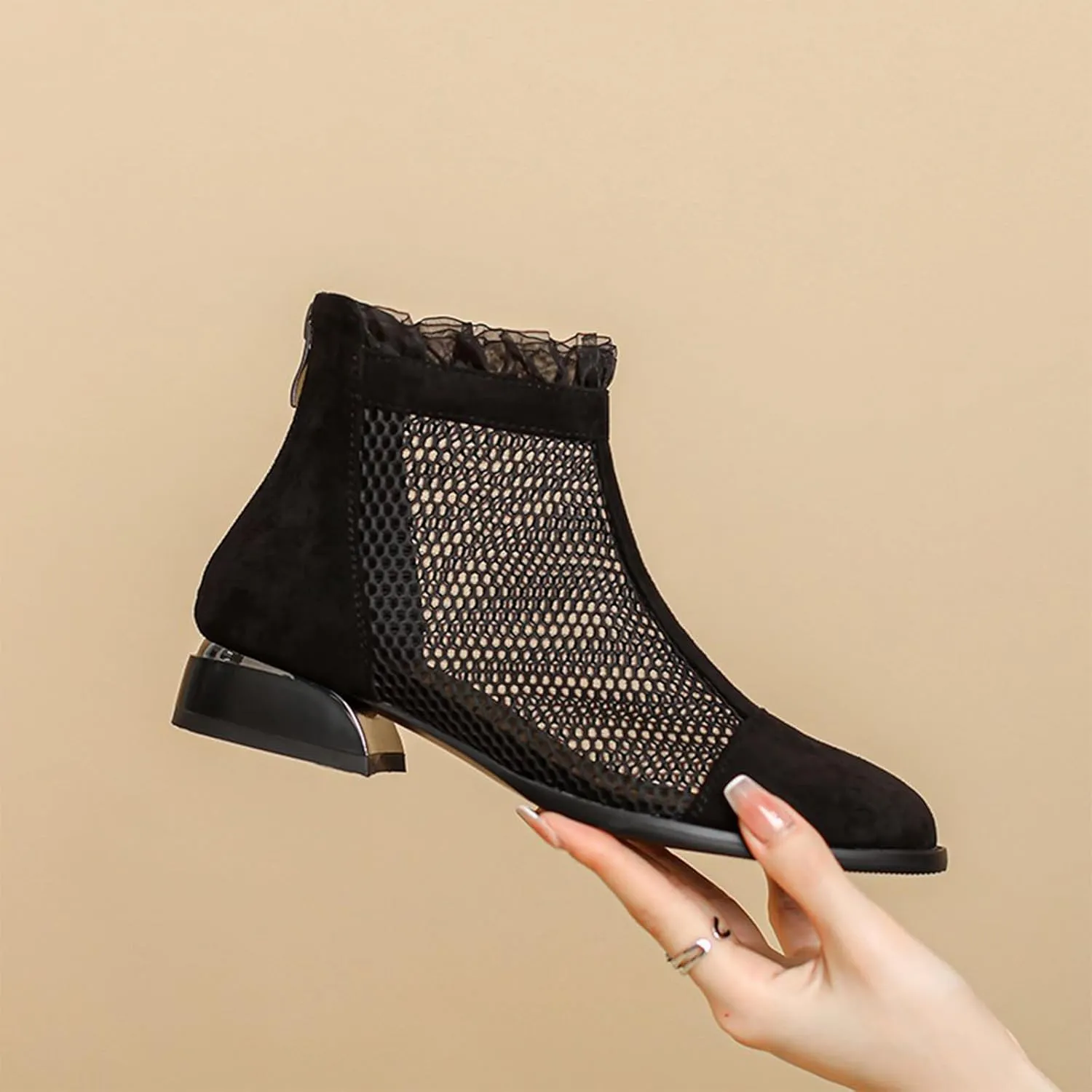 Women'S Hollow Mesh Chunky Heel Roman Ankle Boots With Back Zipper Comfortable Breathable Round Toe Mid Heel Non-Slip Casual Summer Boots Suitable For Party Work