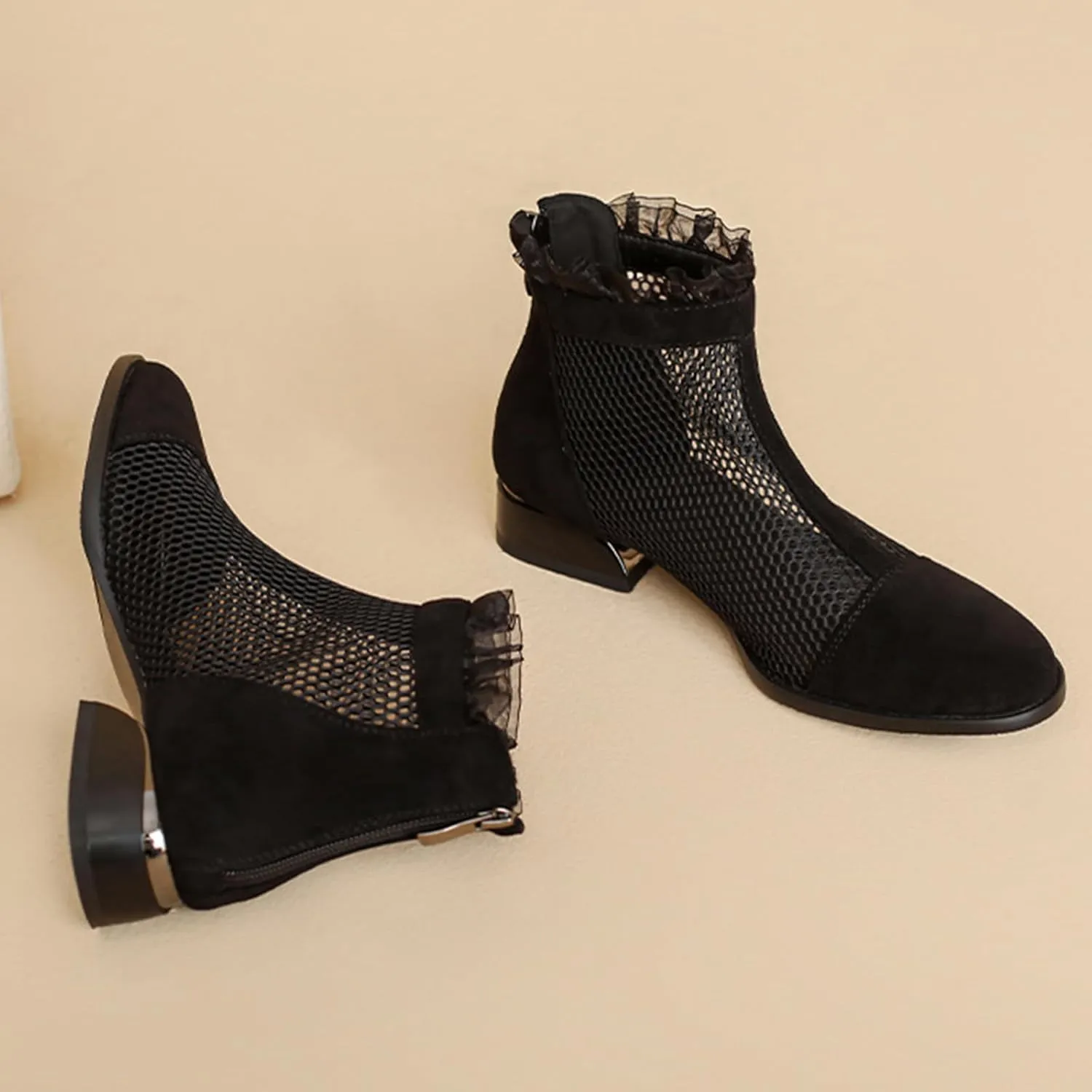 Women'S Hollow Mesh Chunky Heel Roman Ankle Boots With Back Zipper Comfortable Breathable Round Toe Mid Heel Non-Slip Casual Summer Boots Suitable For Party Work