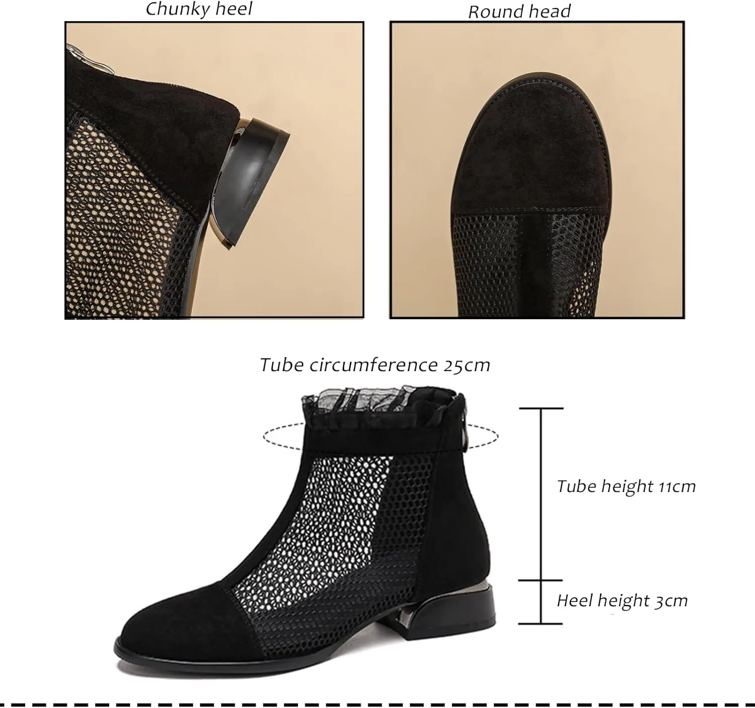 Women'S Hollow Mesh Chunky Heel Roman Ankle Boots With Back Zipper Comfortable Breathable Round Toe Mid Heel Non-Slip Casual Summer Boots Suitable For Party Work