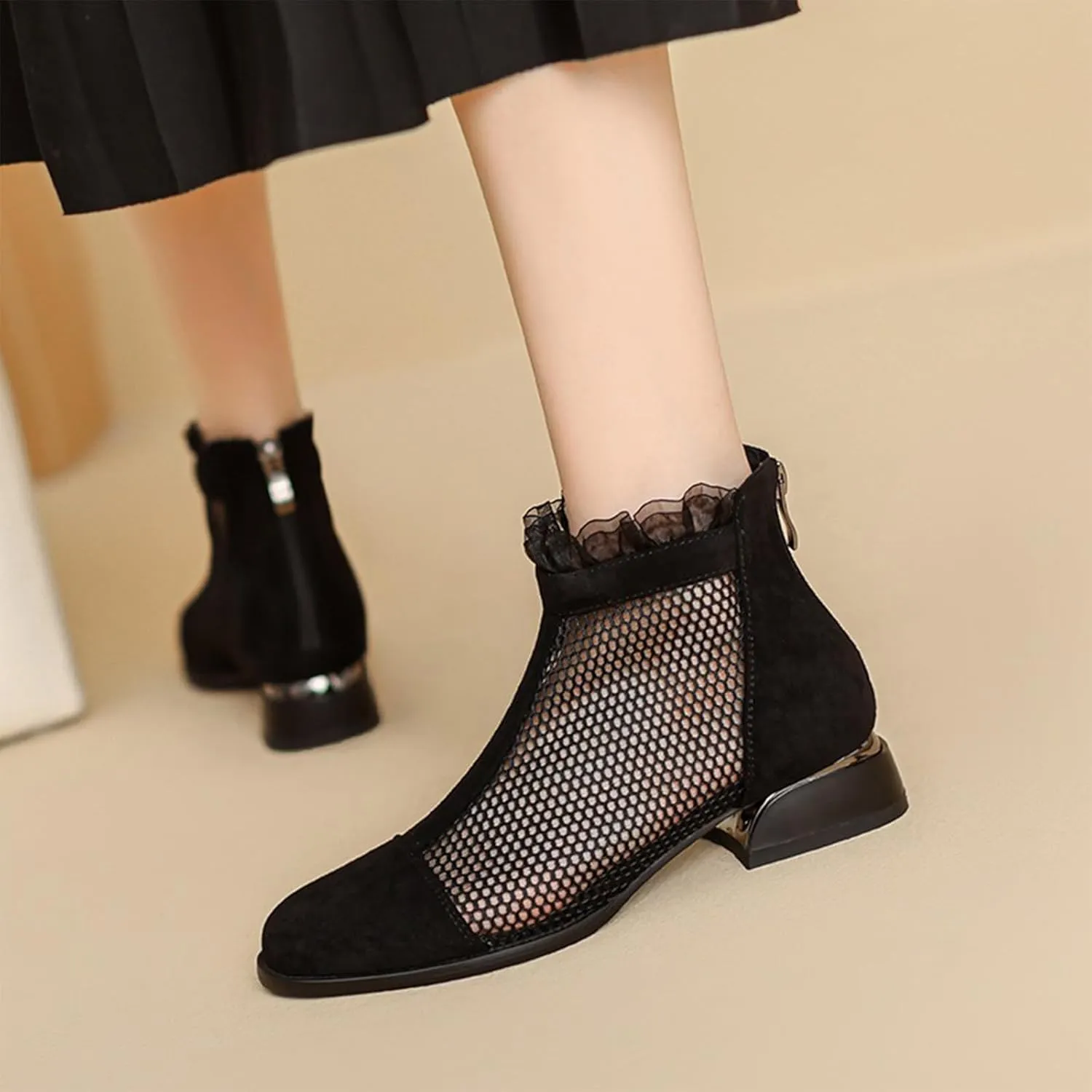 Women'S Hollow Mesh Chunky Heel Roman Ankle Boots With Back Zipper Comfortable Breathable Round Toe Mid Heel Non-Slip Casual Summer Boots Suitable For Party Work