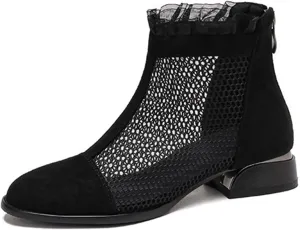 Women'S Hollow Mesh Chunky Heel Roman Ankle Boots With Back Zipper Comfortable Breathable Round Toe Mid Heel Non-Slip Casual Summer Boots Suitable For Party Work