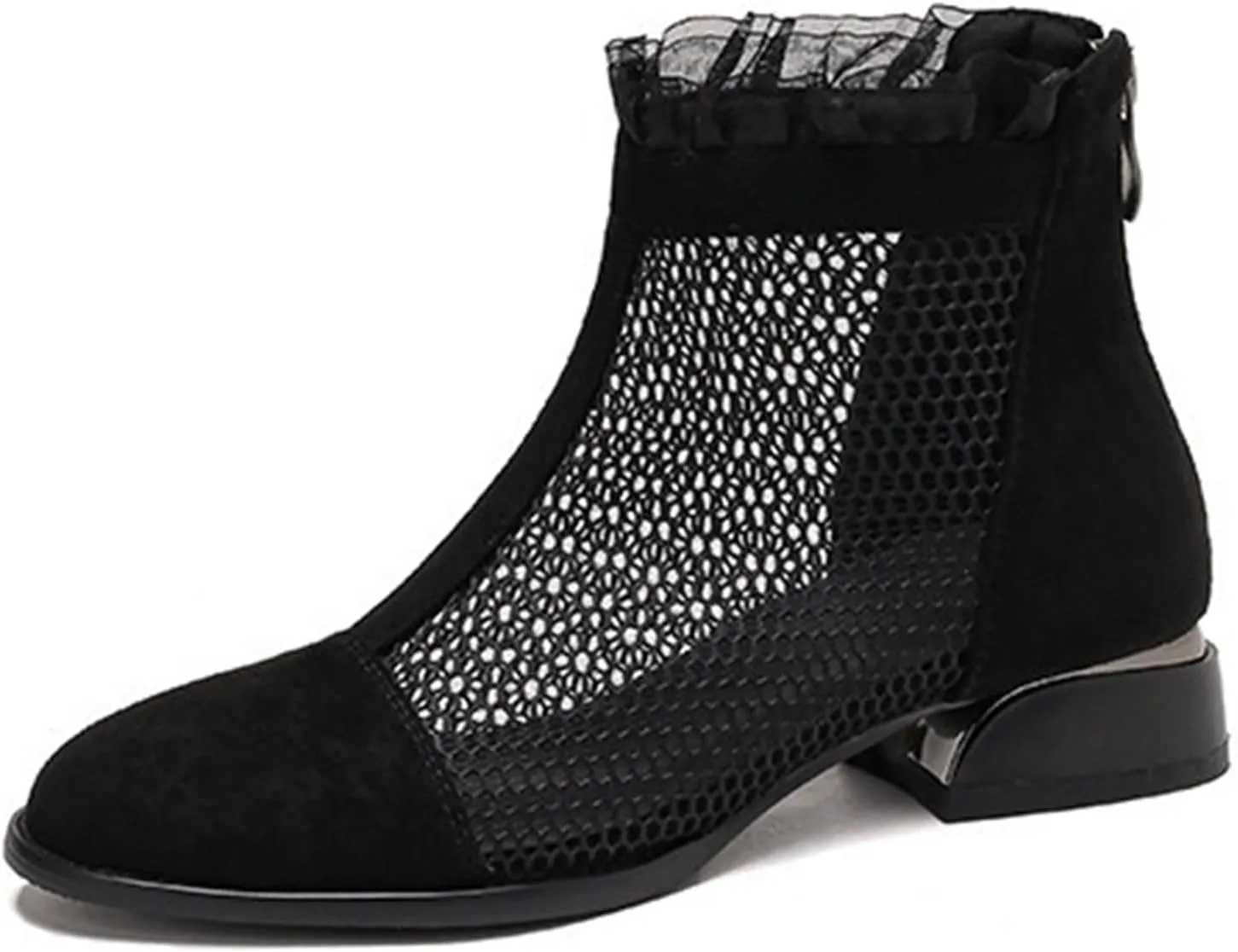 Women'S Hollow Mesh Chunky Heel Roman Ankle Boots With Back Zipper Comfortable Breathable Round Toe Mid Heel Non-Slip Casual Summer Boots Suitable For Party Work