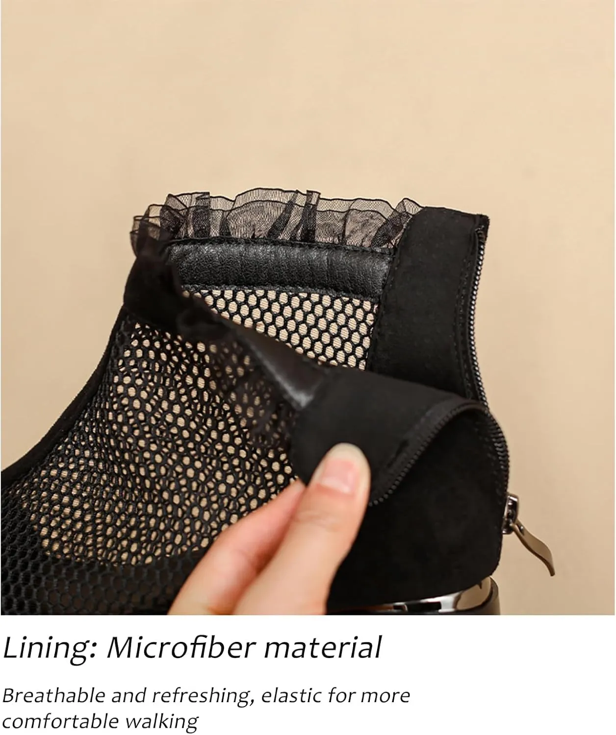 Women'S Hollow Mesh Chunky Heel Roman Ankle Boots With Back Zipper Comfortable Breathable Round Toe Mid Heel Non-Slip Casual Summer Boots Suitable For Party Work