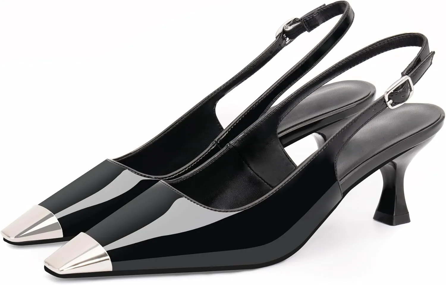 Women's Kitten Heel Slingback Square Toe Pumps Buckle Strap Metal Decoration Patent Leather Comfortable Elegant Wedding Dress Shoes