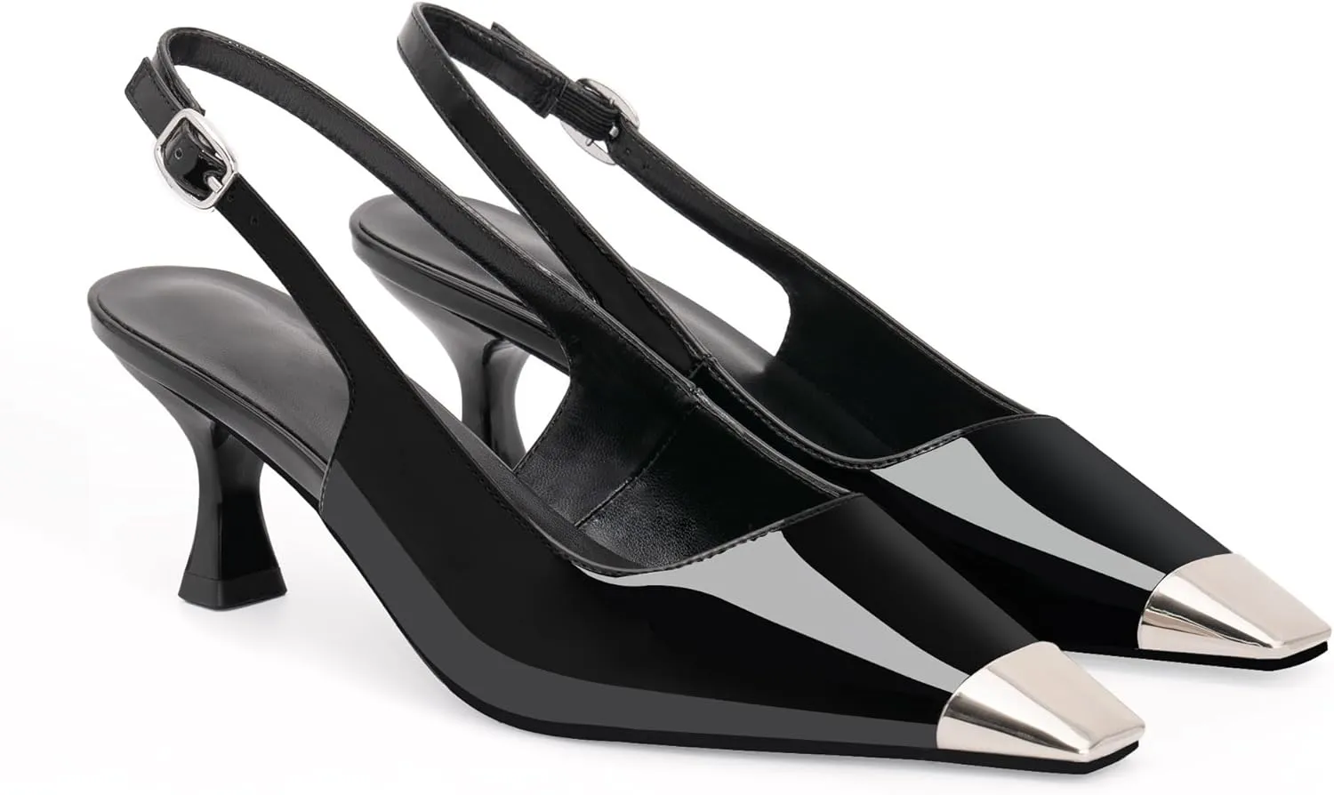 Women's Kitten Heel Slingback Square Toe Pumps Buckle Strap Metal Decoration Patent Leather Comfortable Elegant Wedding Dress Shoes