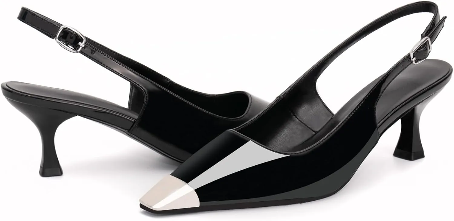 Women's Kitten Heel Slingback Square Toe Pumps Buckle Strap Metal Decoration Patent Leather Comfortable Elegant Wedding Dress Shoes