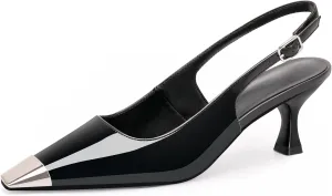Women's Kitten Heel Slingback Square Toe Pumps Buckle Strap Metal Decoration Patent Leather Comfortable Elegant Wedding Dress Shoes