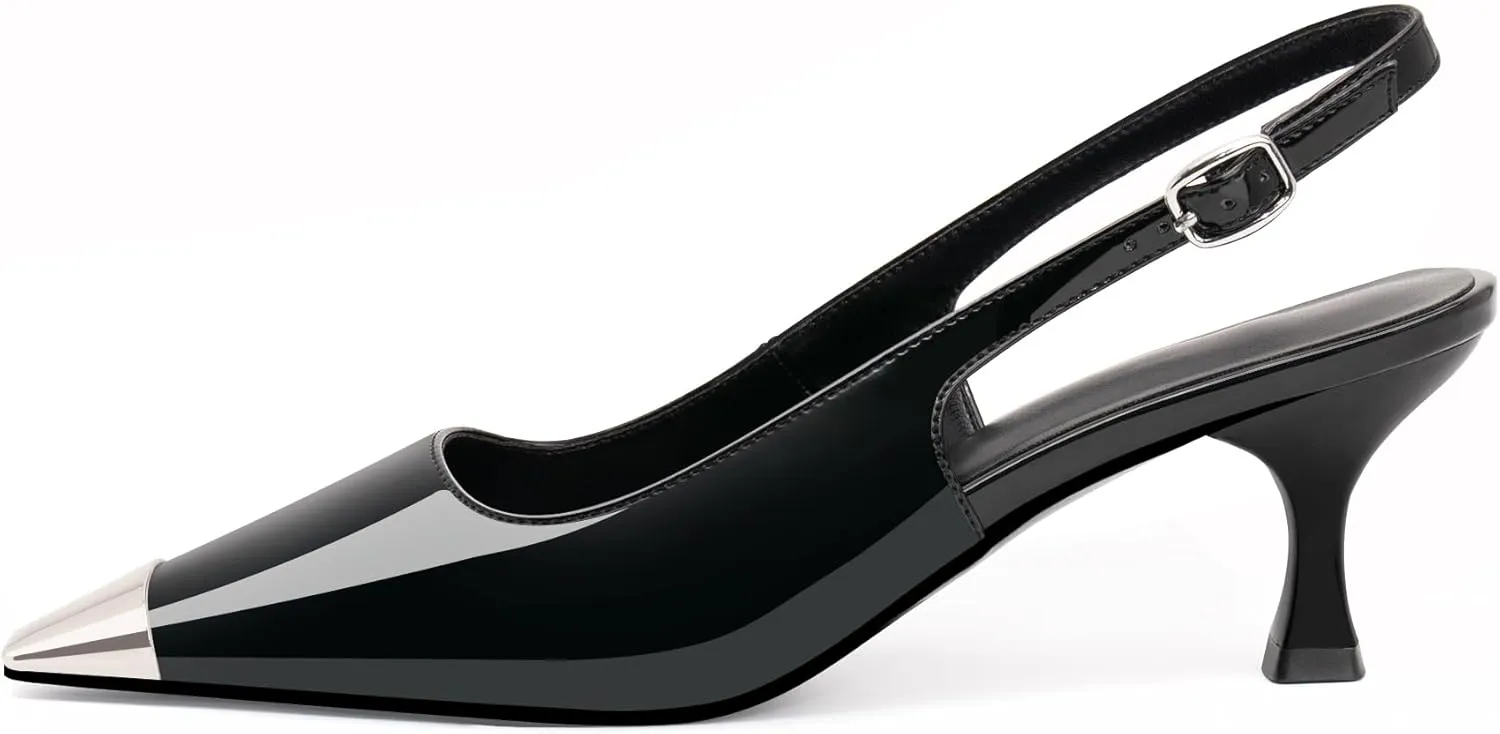 Women's Kitten Heel Slingback Square Toe Pumps Buckle Strap Metal Decoration Patent Leather Comfortable Elegant Wedding Dress Shoes