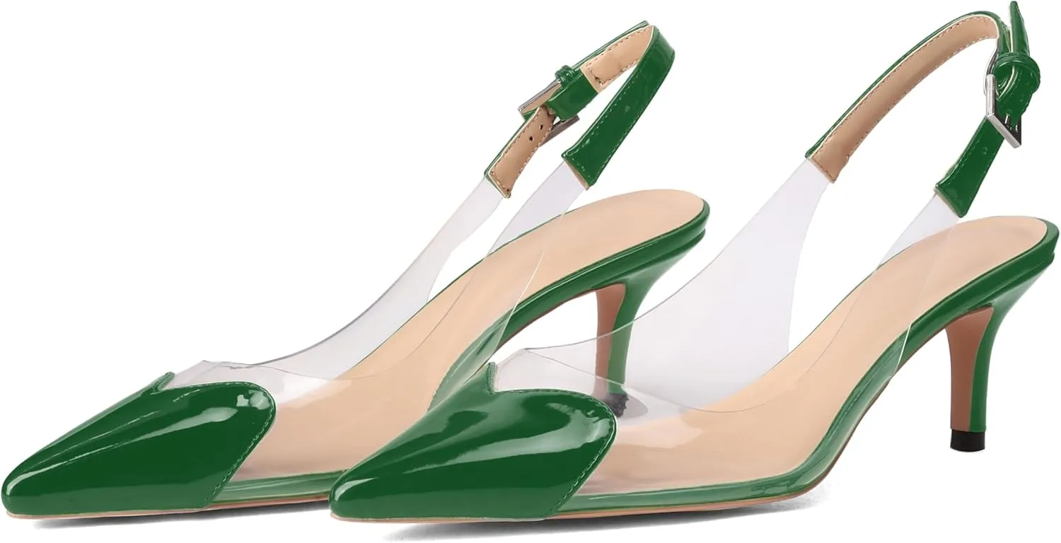 Women's Kitten Heel Transparent Slingback Pumps Pointed Toe Clear PVC Slip On Backless Cap Toe Cute Heart Mid Heel Patent Leather Elegant Sexy Slingbacks Heels