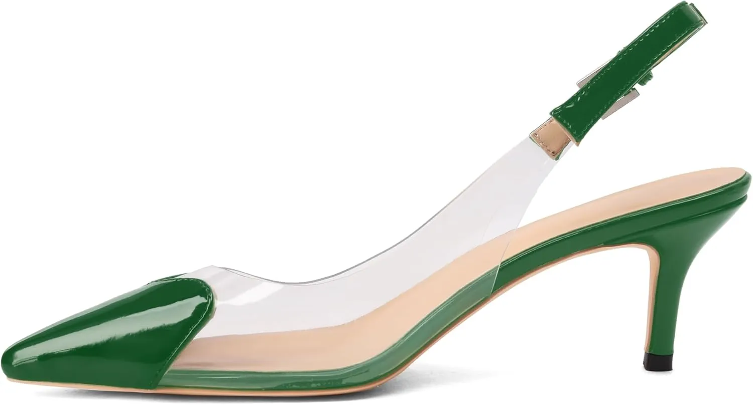 Women's Kitten Heel Transparent Slingback Pumps Pointed Toe Clear PVC Slip On Backless Cap Toe Cute Heart Mid Heel Patent Leather Elegant Sexy Slingbacks Heels