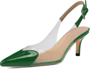 Women's Kitten Heel Transparent Slingback Pumps Pointed Toe Clear PVC Slip On Backless Cap Toe Cute Heart Mid Heel Patent Leather Elegant Sexy Slingbacks Heels