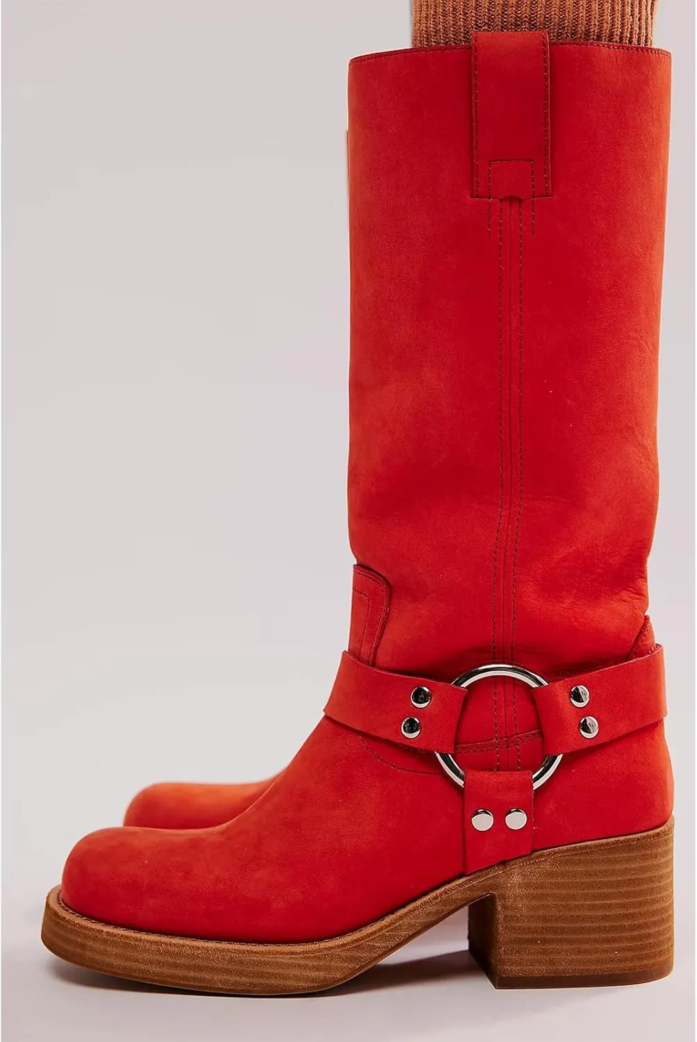 Women's Knee High Riding Boots Round Toe Block Heel Fashion Motorcycle Booties Side Zipper Wide Calf Biker Riding Boots with Studs