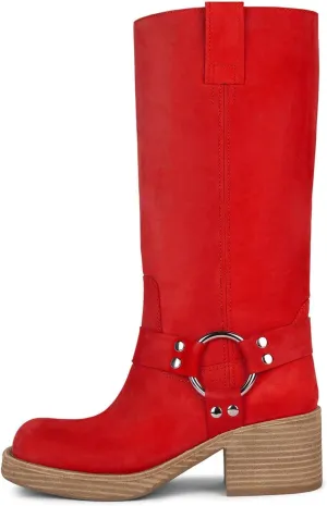 Women's Knee High Riding Boots Round Toe Block Heel Fashion Motorcycle Booties Side Zipper Wide Calf Biker Riding Boots with Studs