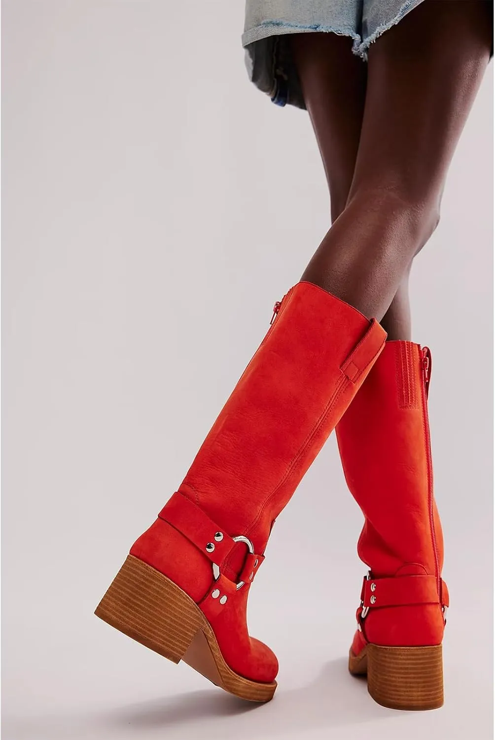 Women's Knee High Riding Boots Round Toe Block Heel Fashion Motorcycle Booties Side Zipper Wide Calf Biker Riding Boots with Studs