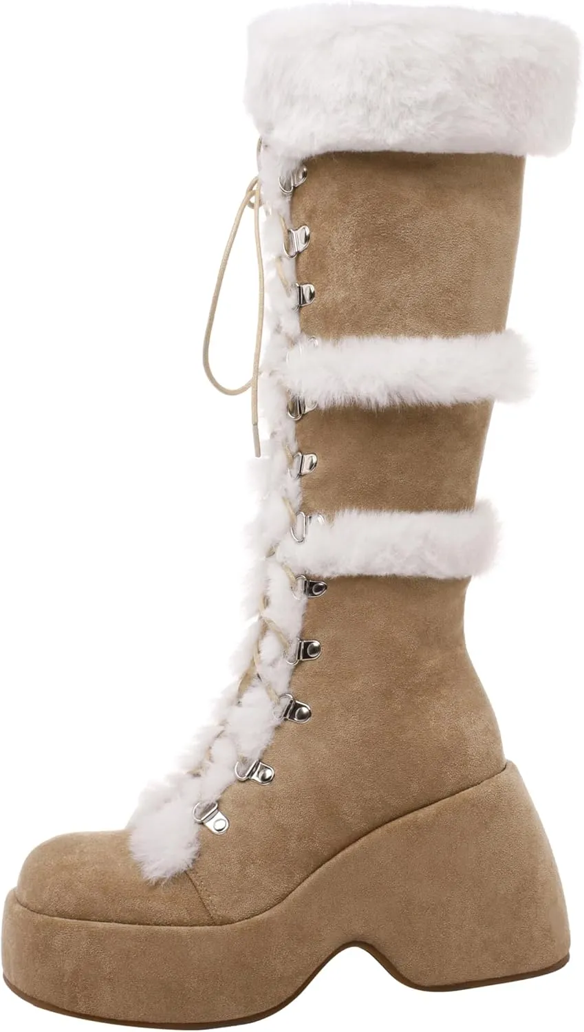 Women's Knee-High Suede Platform Boots, Waterproof Winter Fashion Round Toe High Heel with Side Zipper