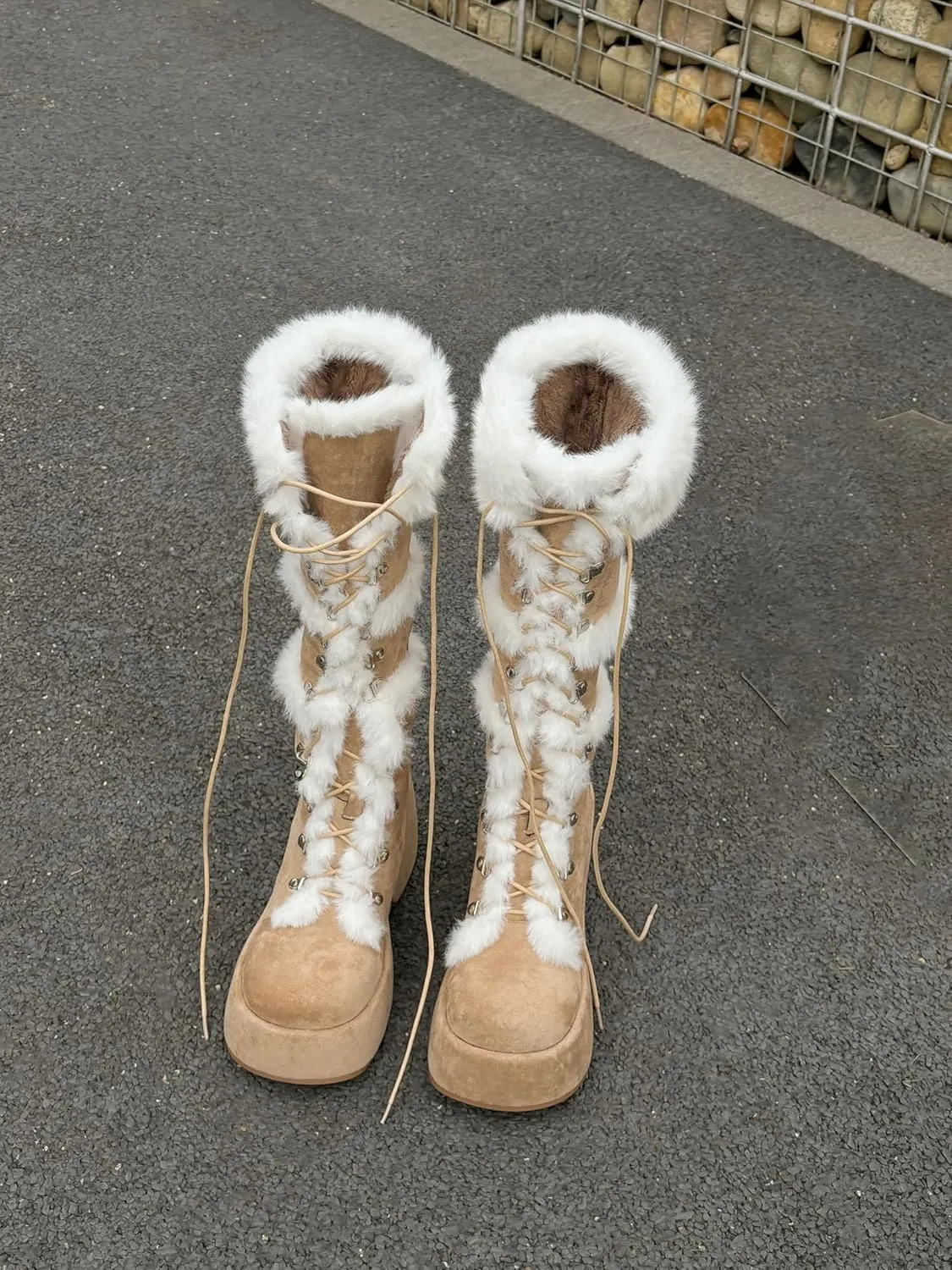 Women's Knee-High Suede Platform Boots, Waterproof Winter Fashion Round Toe High Heel with Side Zipper