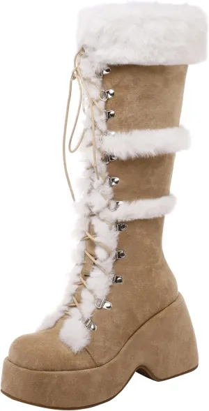 Women's Knee-High Suede Platform Boots, Waterproof Winter Fashion Round Toe High Heel with Side Zipper