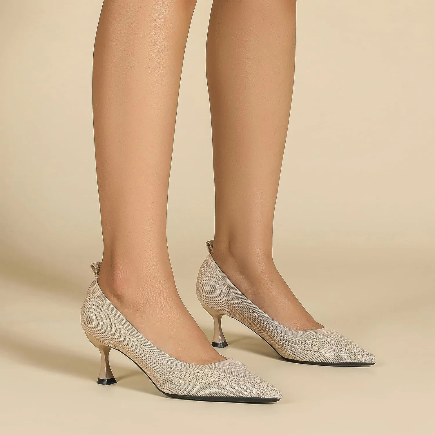Women's Knitted Casual Low Stiletto Heel Pumps Comfortable Breathable Pointed Toe Elegant Slip On Kitten Heel Pumps for Work Office Business Dress Shoes