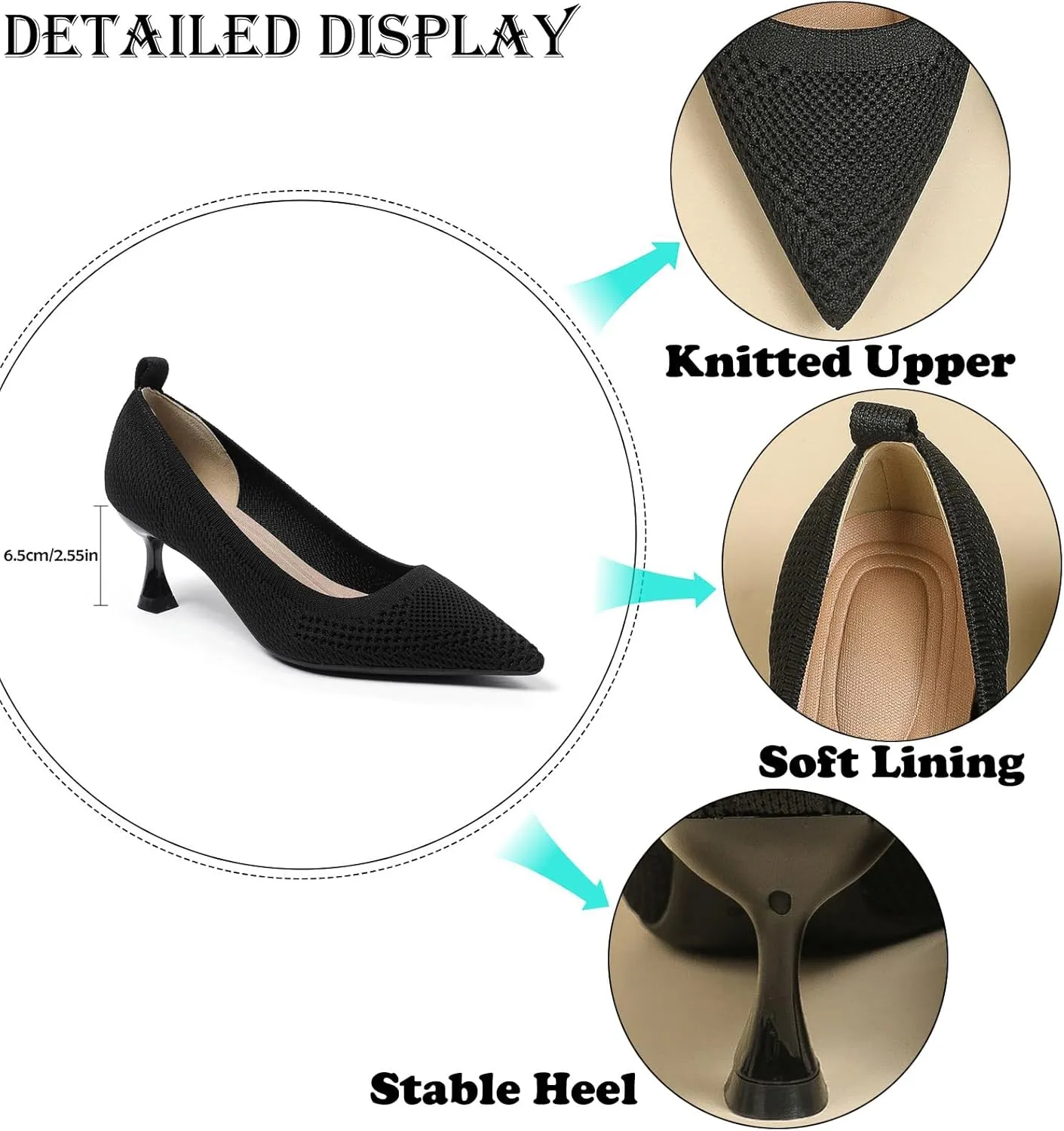 Women's Knitted Casual Low Stiletto Heel Pumps Comfortable Breathable Pointed Toe Elegant Slip On Kitten Heel Pumps for Work Office Business Dress Shoes