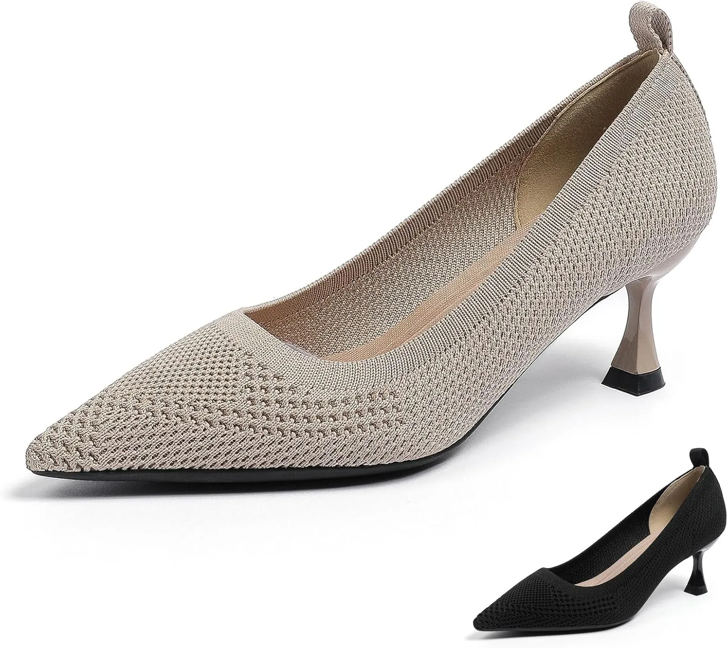 Women's Knitted Casual Low Stiletto Heel Pumps Comfortable Breathable Pointed Toe Elegant Slip On Kitten Heel Pumps for Work Office Business Dress Shoes