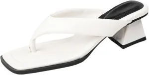 Women's Leather Low Block Heel Square Toe Flip Flops Comfort Open Toe Slip On Chunky Heel Clip Toe Sandals Summer Casual Party Beach Slides