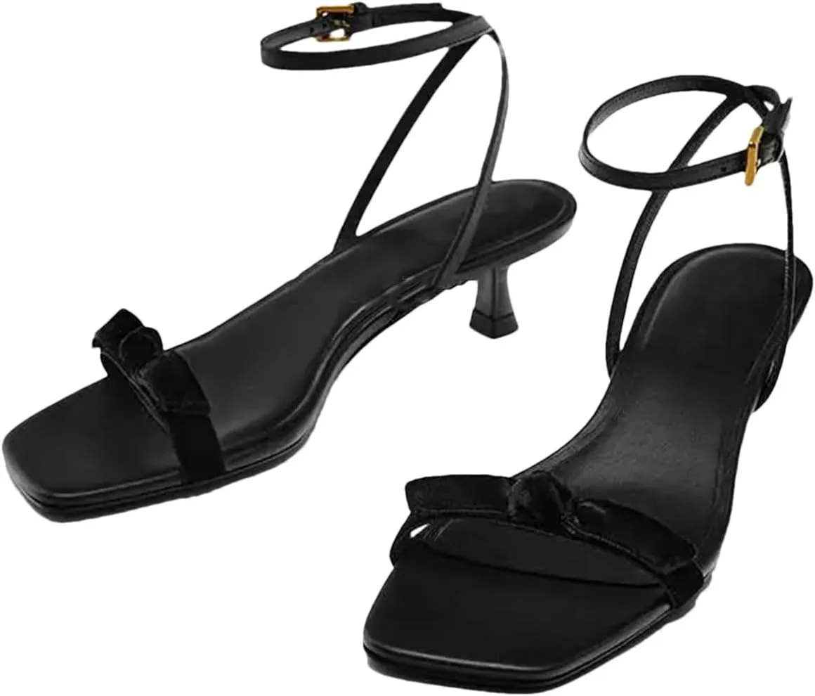 Women's Leather One-Strap Sandals, Square Toe Slender Heel Summer Fashion