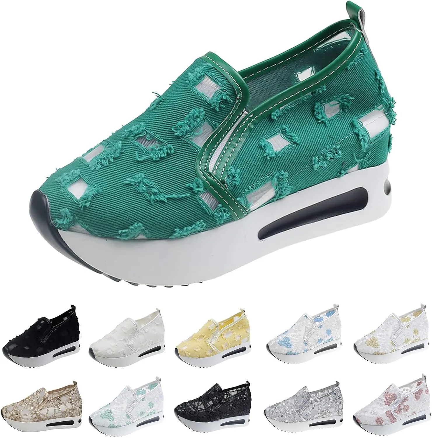 Women's Loafers & Slip-on Embroidery Floral Mesh Lace Chunky Sole Hidden High Heels Lace Up Sneakers Casual Shoes Platform Wedge Sneakers