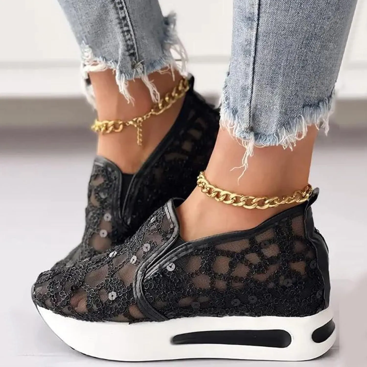 Women's Loafers & Slip-on Embroidery Floral Mesh Lace Chunky Sole Hidden High Heels Lace Up Sneakers Casual Shoes Platform Wedge Sneakers