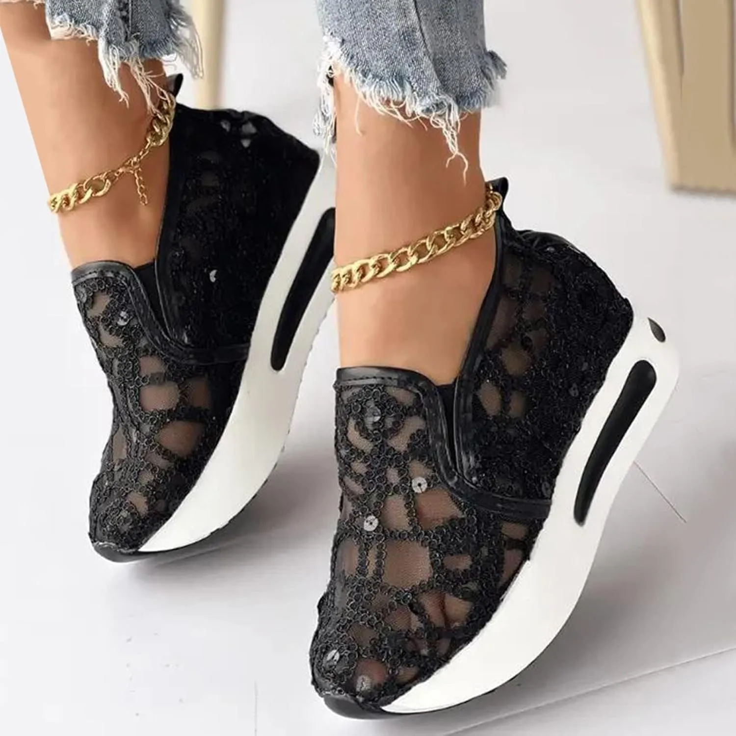 Women's Loafers & Slip-on Embroidery Floral Mesh Lace Chunky Sole Hidden High Heels Lace Up Sneakers Casual Shoes Platform Wedge Sneakers