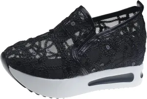 Women's Loafers & Slip-on Embroidery Floral Mesh Lace Chunky Sole Hidden High Heels Lace Up Sneakers Casual Shoes Platform Wedge Sneakers
