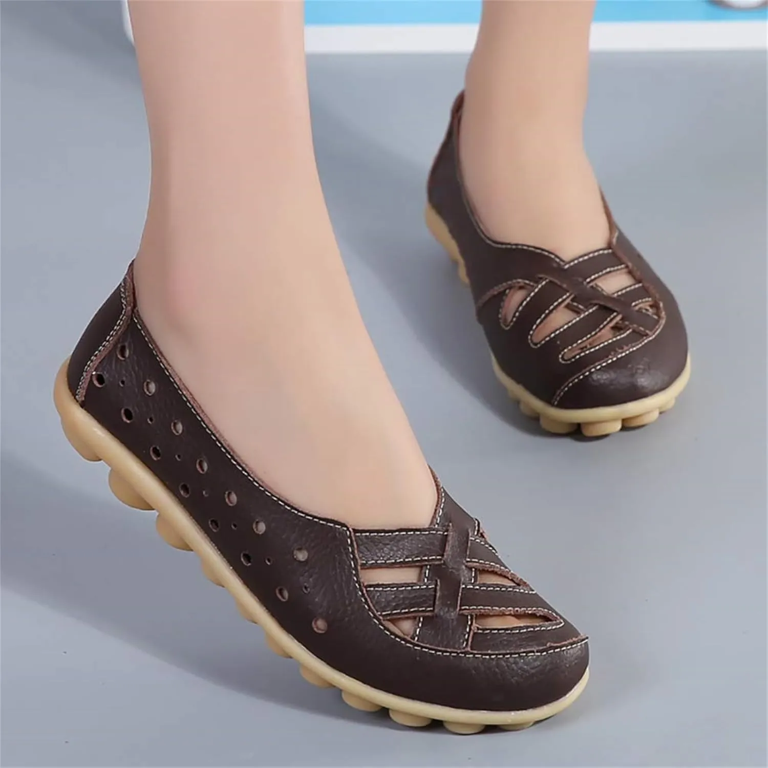 Womens Loafers Comfortable Dressy Slip-On Leather Flats Shoes Comfort Casual Walking Driving Flats Loafers Hollow Out Breathable Vacation Sandals for Women