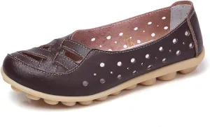 Womens Loafers Comfortable Dressy Slip-On Leather Flats Shoes Comfort Casual Walking Driving Flats Loafers Hollow Out Breathable Vacation Sandals for Women