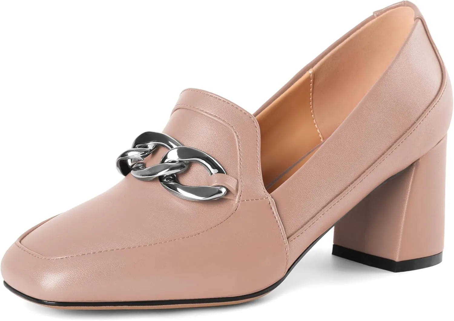 Women's Low Heel Pumps Loafers with Metal Buckle Square Toe Pumps Chunky Heeled Pump Stylish Comfortable 2.5 Inch Loafers Heels