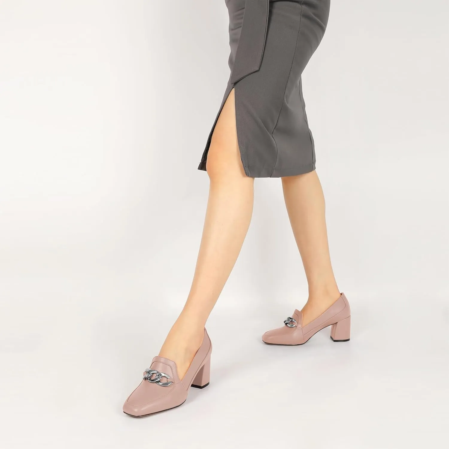 Women's Low Heel Pumps Loafers with Metal Buckle Square Toe Pumps Chunky Heeled Pump Stylish Comfortable 2.5 Inch Loafers Heels