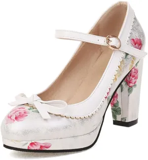 Womens Mary Jane Heels Floral Chic Bow Lolita Platform High Heels Kawaii Shoes Round Toe Dress Party Platform Pumps
