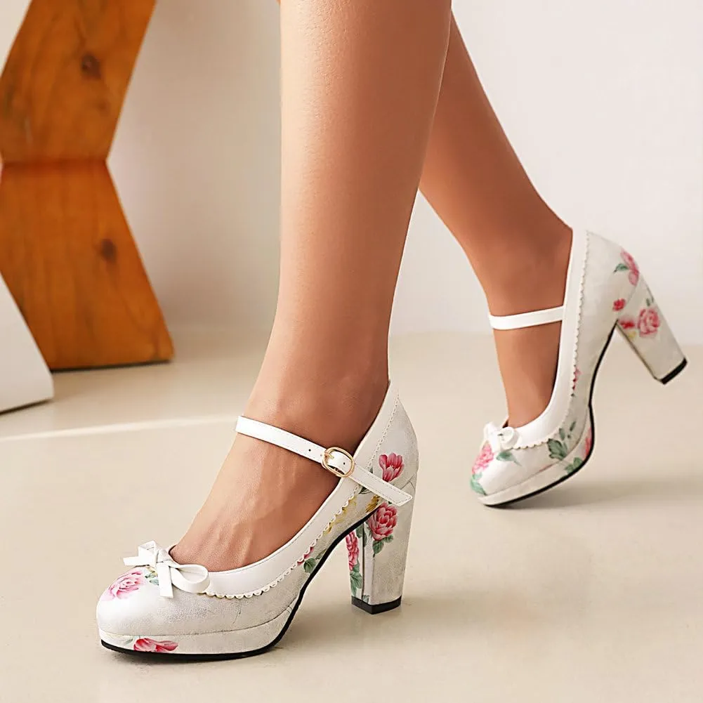 Womens Mary Jane Heels Floral Chic Bow Lolita Platform High Heels Kawaii Shoes Round Toe Dress Party Platform Pumps
