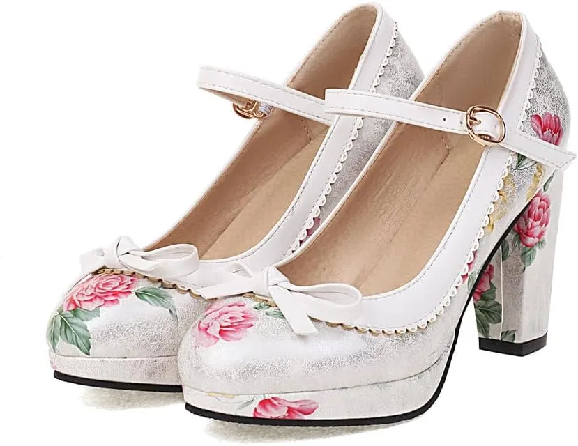 Womens Mary Jane Heels Floral Chic Bow Lolita Platform High Heels Kawaii Shoes Round Toe Dress Party Platform Pumps