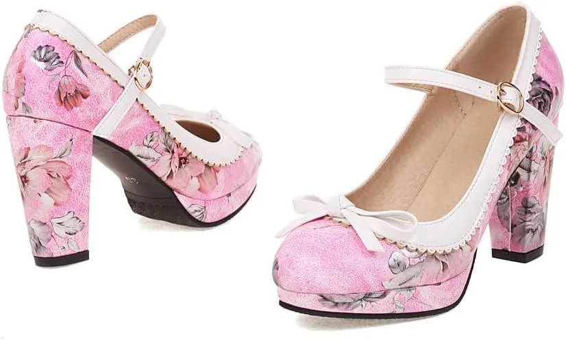 Womens Mary Jane Heels Floral Chic Bow Lolita Platform High Heels Kawaii Shoes Round Toe Dress Party Platform Pumps