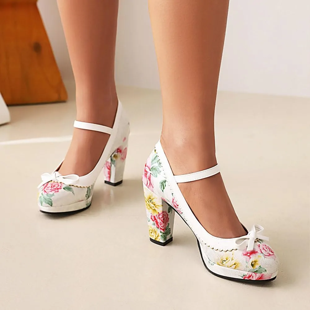 Womens Mary Jane Heels Floral Chic Bow Lolita Platform High Heels Kawaii Shoes Round Toe Dress Party Platform Pumps