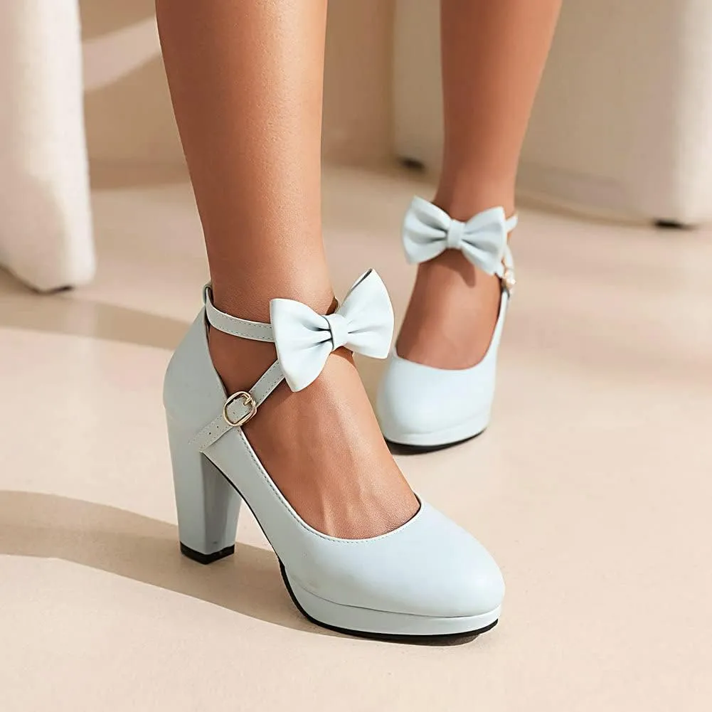 Womens Mary Jane Shoes Solid Chic Bow Lolita Platform High Heels Kawaii Shoes Round Toe Dress Pumps
