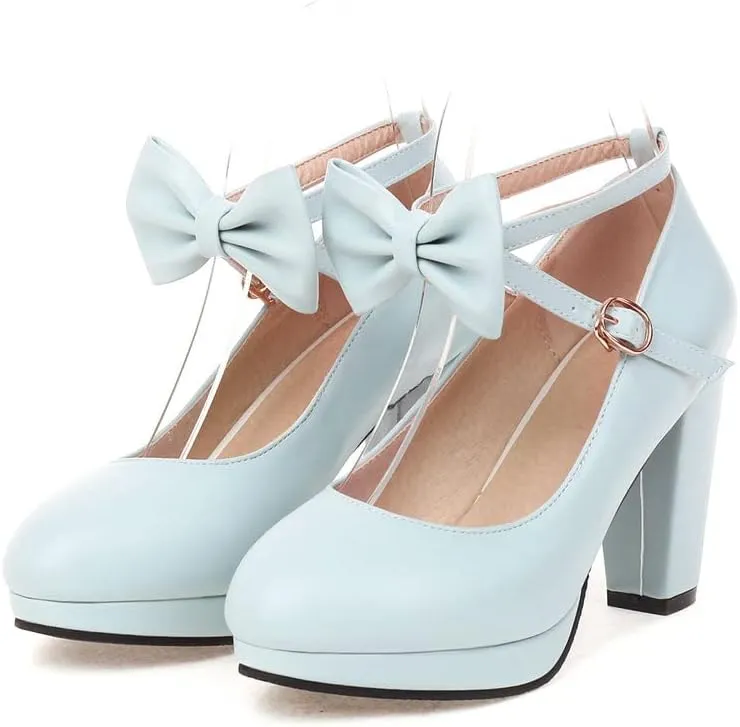 Womens Mary Jane Shoes Solid Chic Bow Lolita Platform High Heels Kawaii Shoes Round Toe Dress Pumps