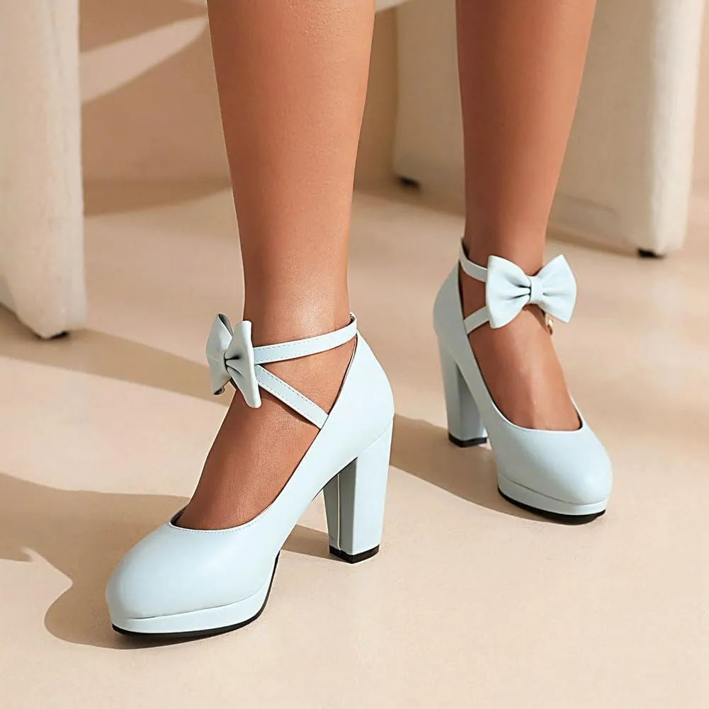 Womens Mary Jane Shoes Solid Chic Bow Lolita Platform High Heels Kawaii Shoes Round Toe Dress Pumps