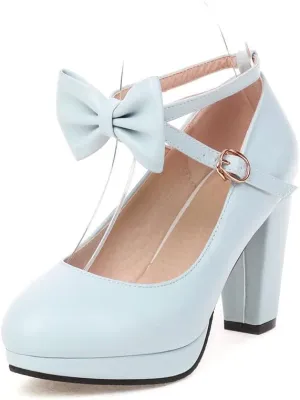 Womens Mary Jane Shoes Solid Chic Bow Lolita Platform High Heels Kawaii Shoes Round Toe Dress Pumps